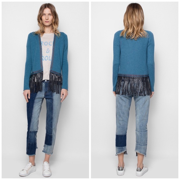 Zadig & Voltaire Marla Cashmere/ Leather Fringe Cardigan Boho Rock - Picture 3 of 15